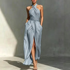 Asterin halter maxi dress, sky blue halter with ruched waist and high slit maxi skirt