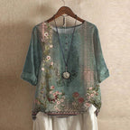 Women’s blouse in teal green with vintage floral print, short sleeves, button front