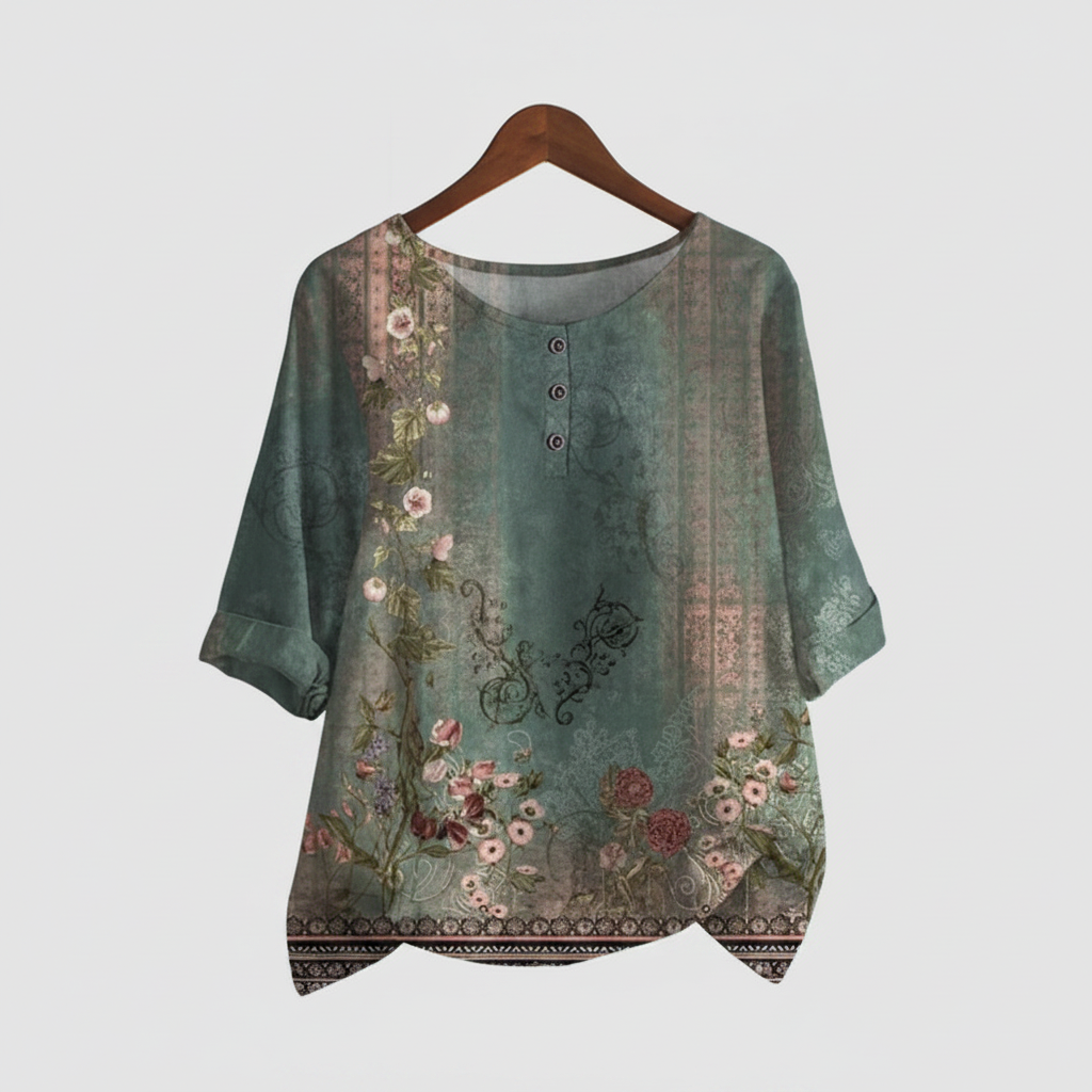 Women's Vintage Floral Print Blouse with Short Sleeves