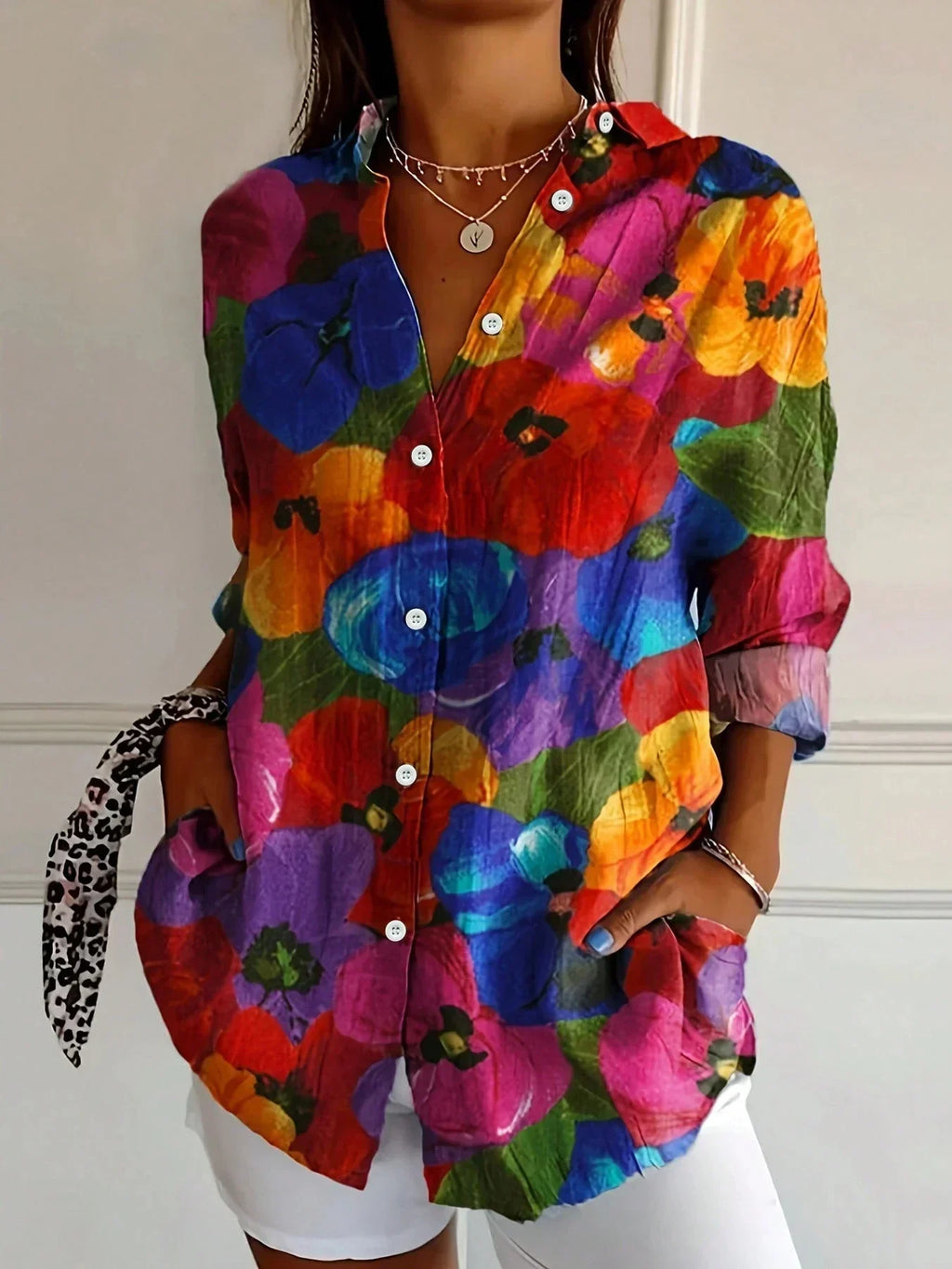 Women’s floral button-up shirt, loose fit, long sleeves, rainbow multicolor flower pattern