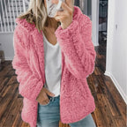 Pink teddy fleece outerwear, open front with plush sherpa texture