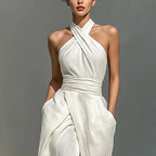 Asterin halter maxi dress, white draped halter neck with gathered waist, flowing skirt