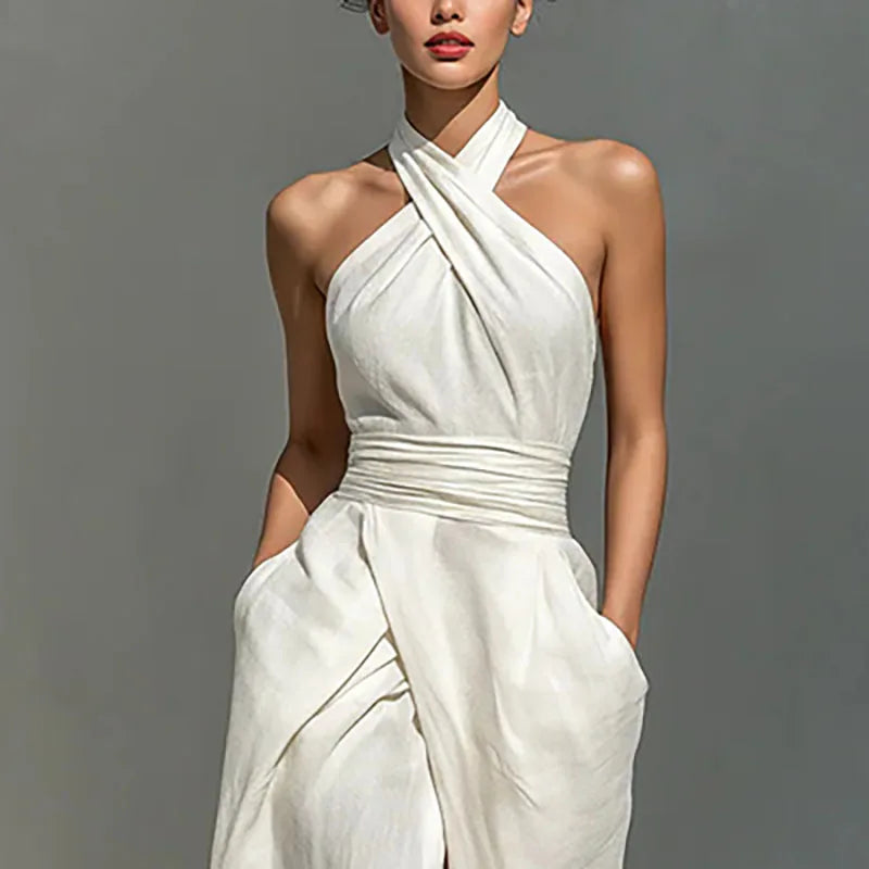 Asterin halter maxi dress, white draped halter neck with gathered waist, flowing skirt