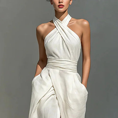 White cross halter maxi dress with draped bodice and front slit