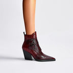 Women’s pointed-toe ankle boots in dark red with double buckle straps