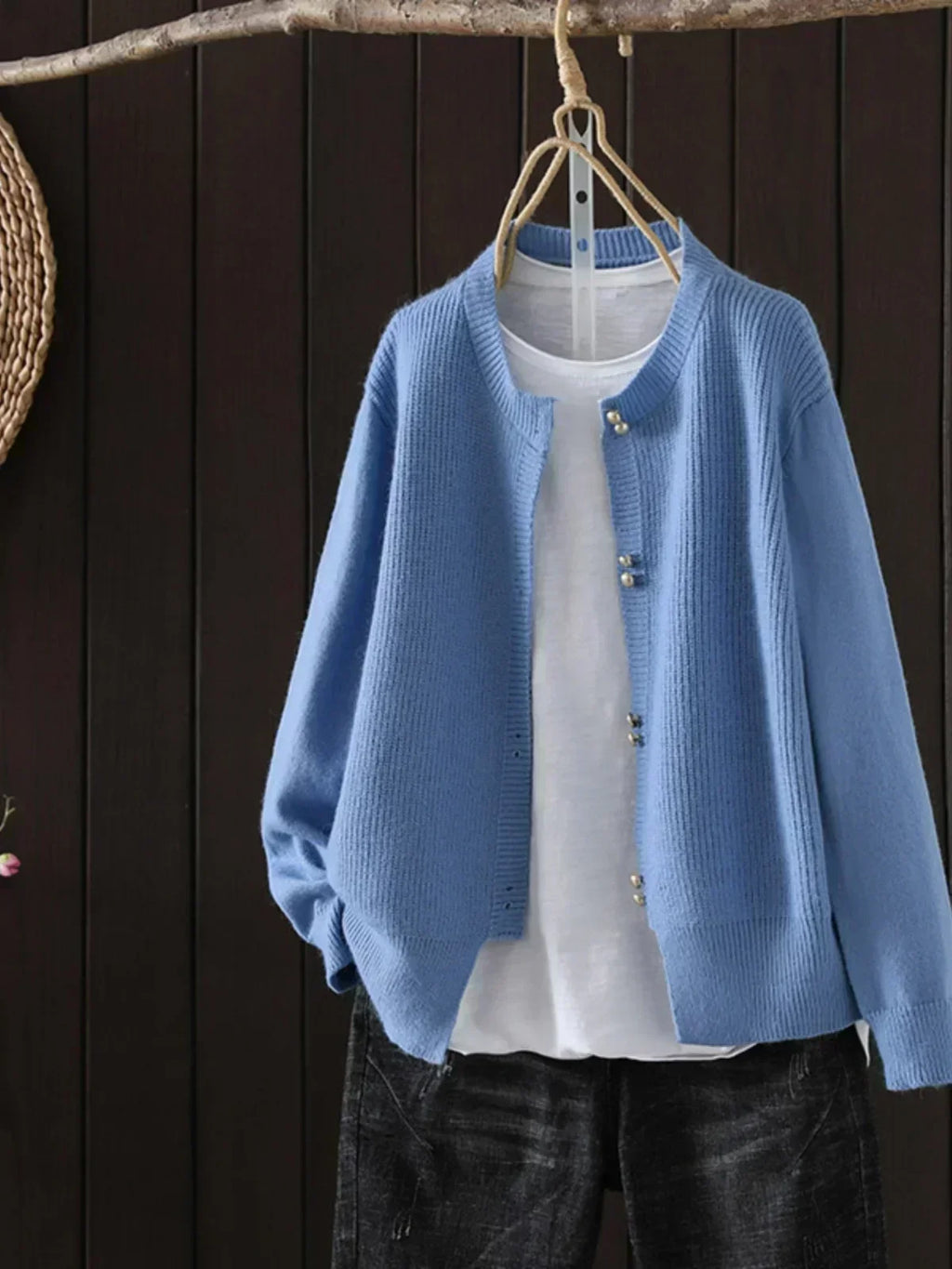 Women's button-front ribbed-cuff sweater, blue