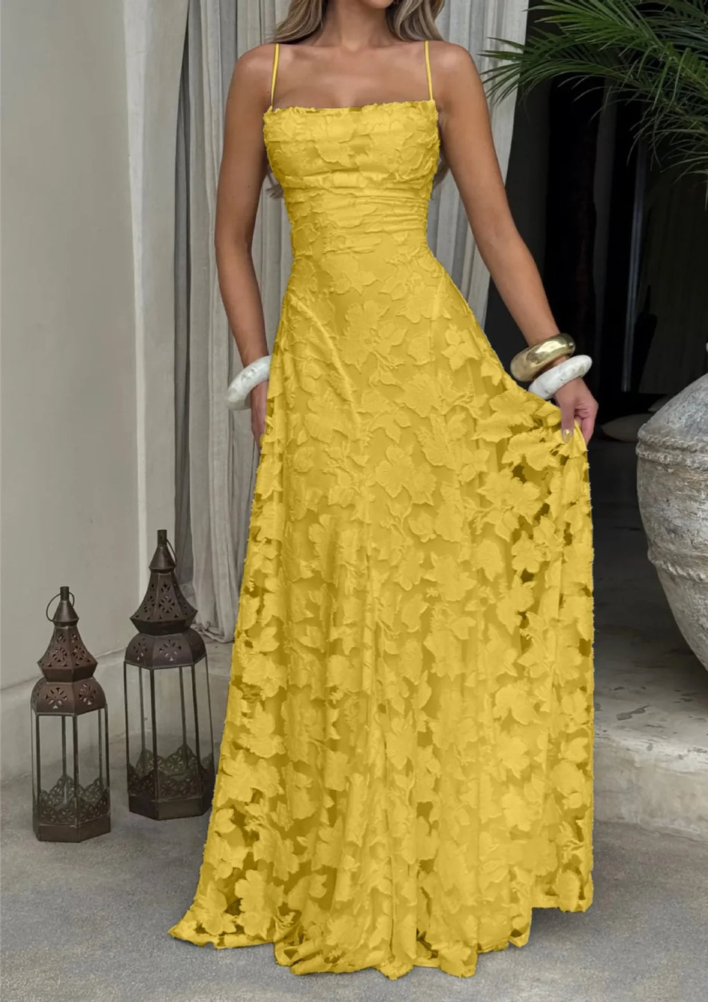 Yellow maxi evening dress with spaghetti straps, fitted bodice, lace flared skirt