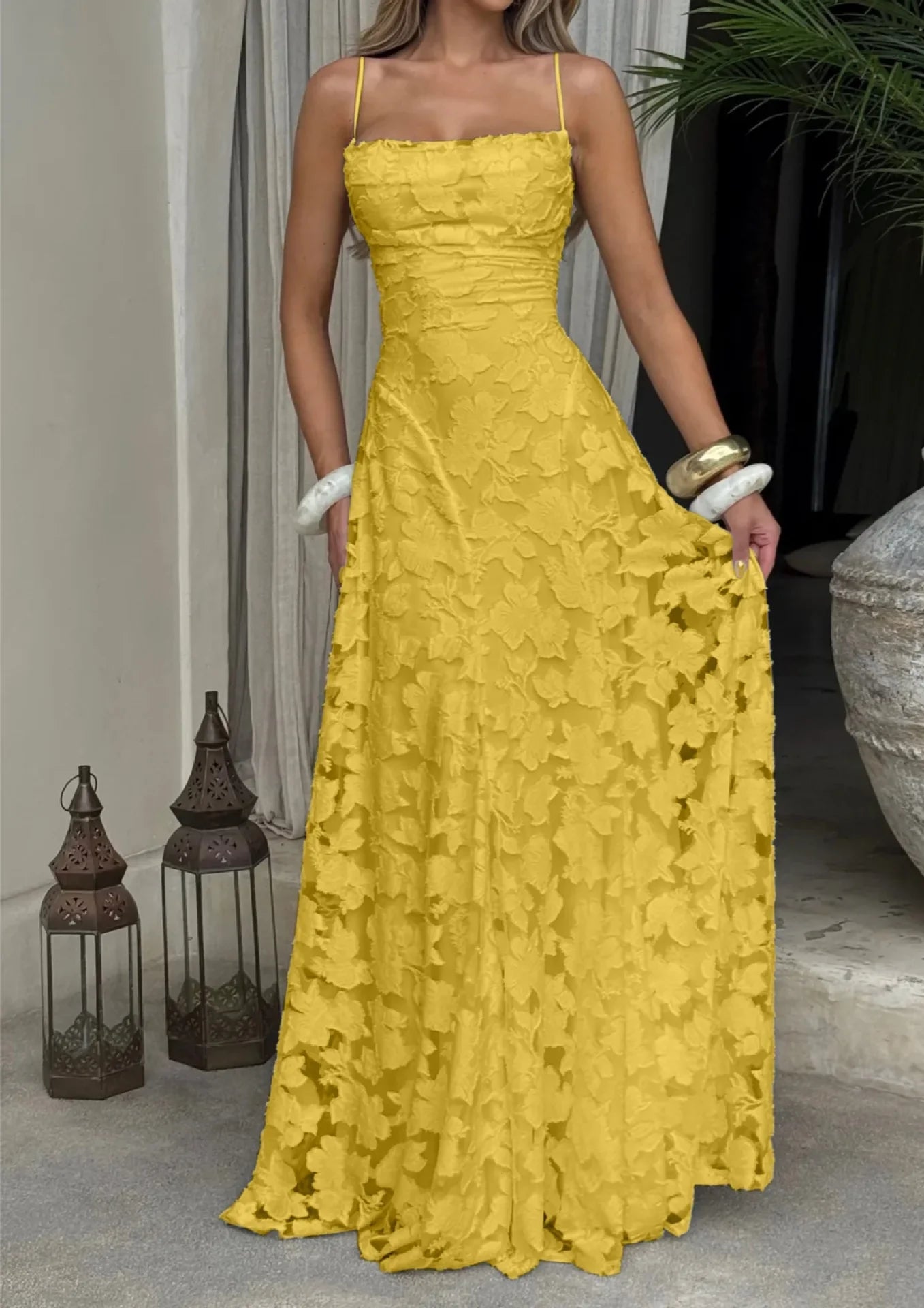 Yellow maxi evening dress with spaghetti straps, fitted bodice, lace flared skirt