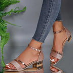 Women’s heeled sandals in rose-gold glitter with two ankle straps and gold heel