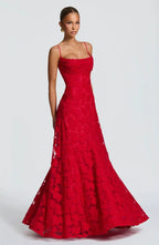 Red maxi evening dress with spaghetti straps, fitted bodice, lace flared skirt