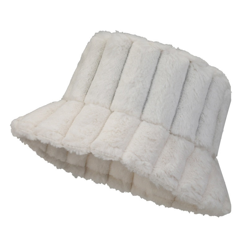 Light gray plush bucket hat with quilted panel stripes and wide floppy brim