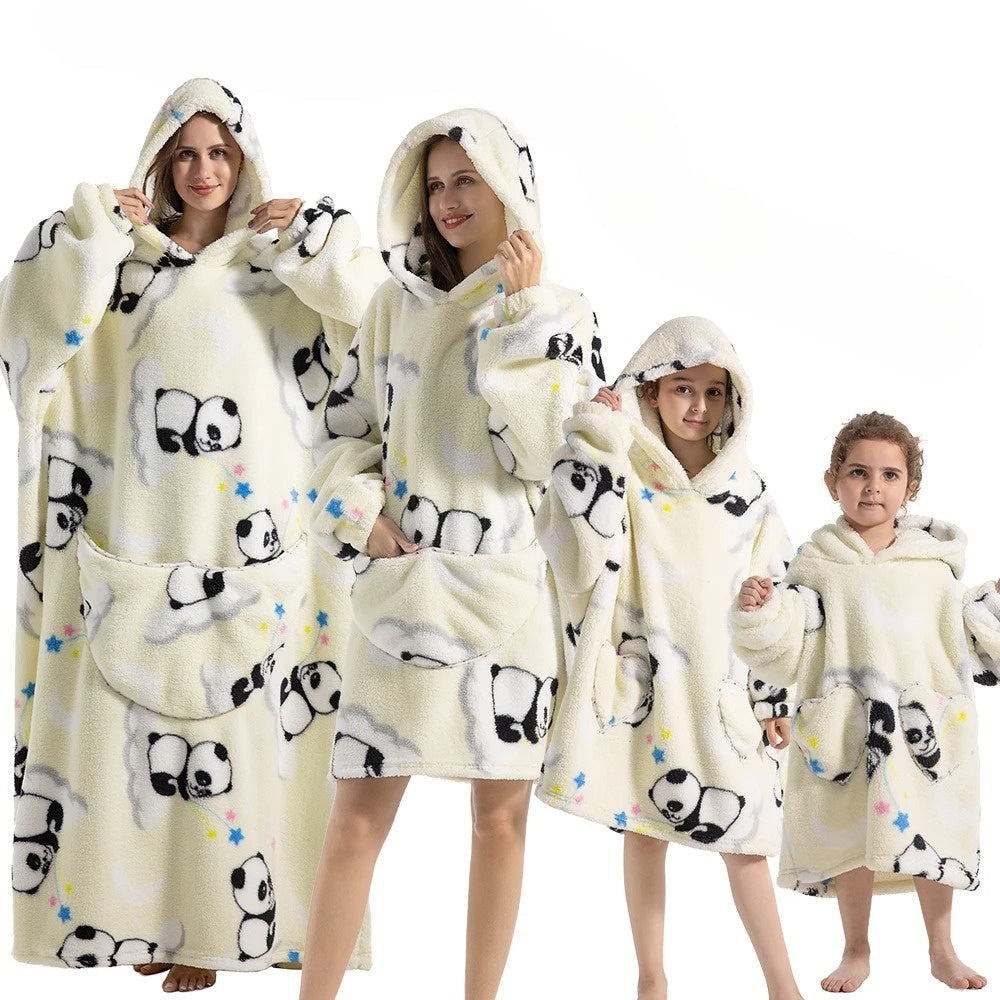 Cream hoodie blanket with panda print and front pocket hood