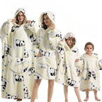 Cream hoodie blanket with panda print and front pocket hood