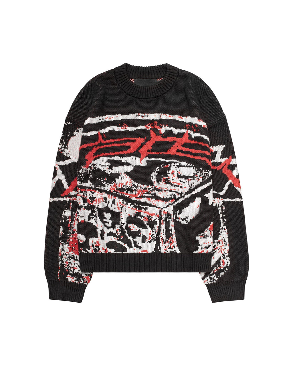 Black cropped knit sweater with red and white graphic front and long sleeves