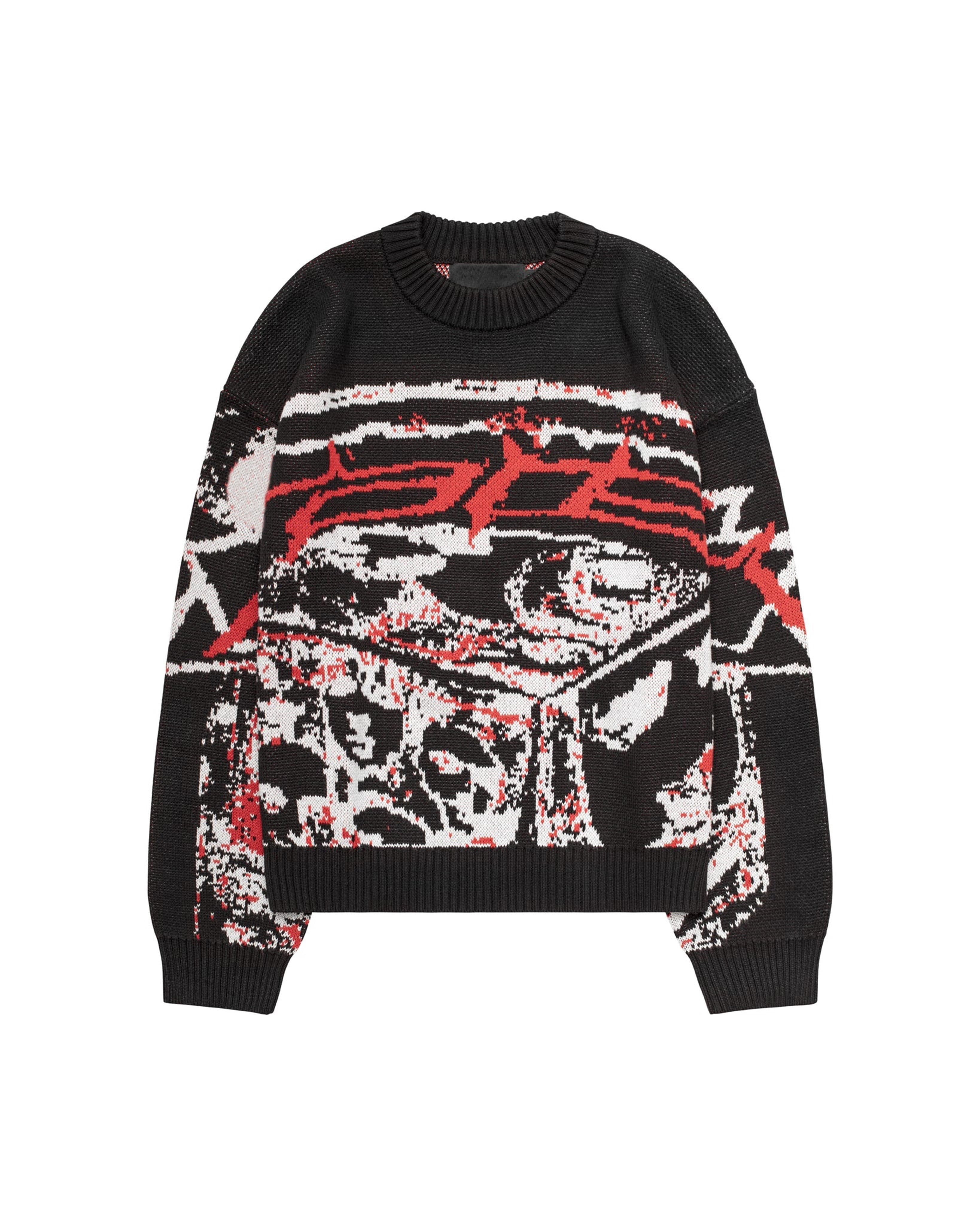 Black cropped knit sweater with red and white graphic front and long sleeves