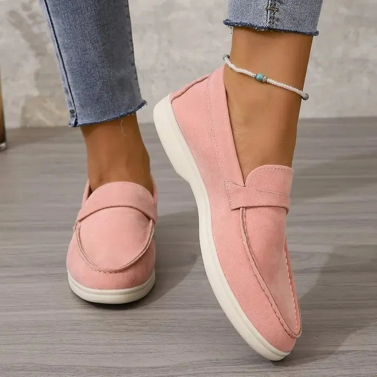 Women's suede loafers, pink slip-on shoes with cushioned insole