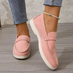 Women's suede loafers, pink slip-on shoes with cushioned insole