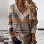 Gray V-neck knit sweater with patterned yoke and hem, long sleeves