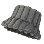 Gray plush bucket hat with quilted vertical panels and wide frilled brim