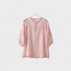 Pink embroidered blouse with ruffle neckline and half-sleeves