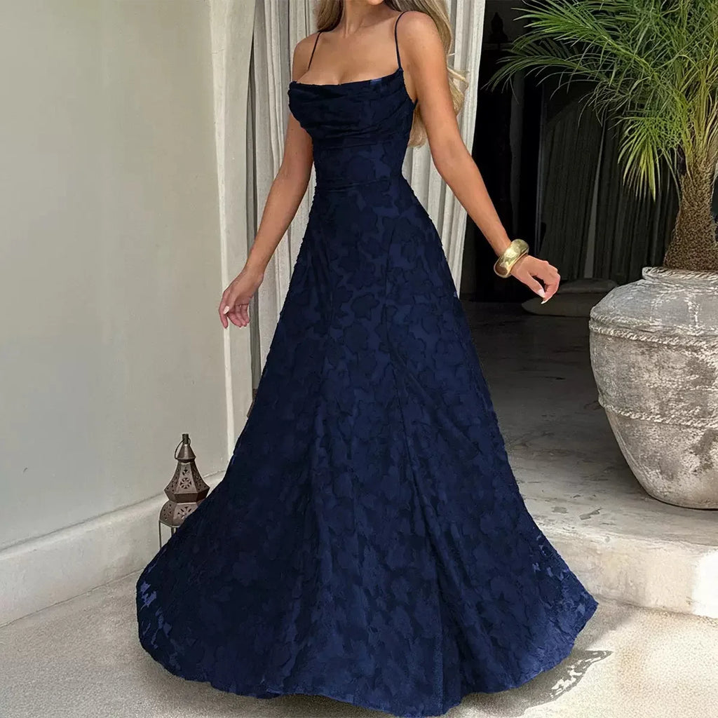 Dark navy maxi evening dress with spaghetti straps, fitted bodice, lace A-line skirt