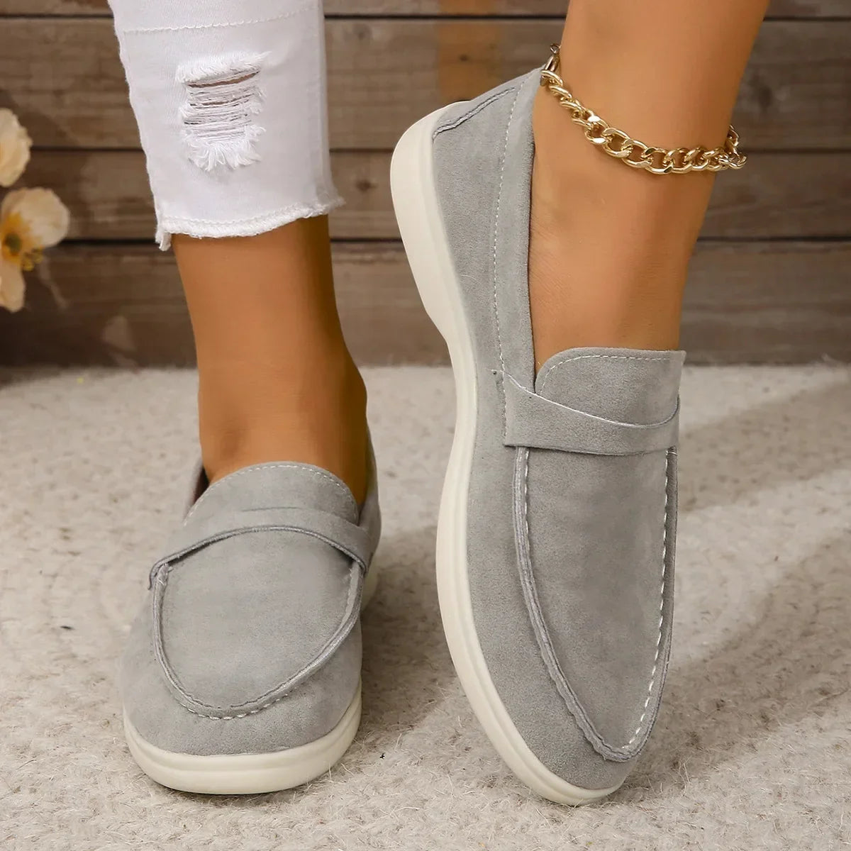 Women's suede loafers, grey slip-on shoes with cushioned insole