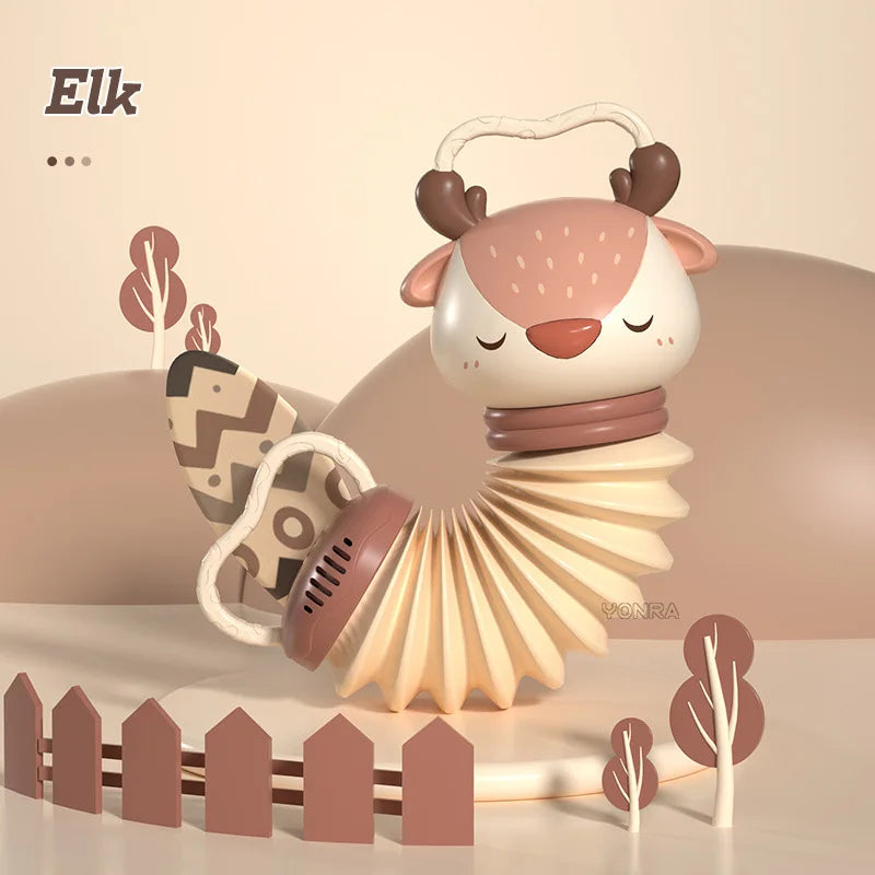 Tan animal accordion and rattle toy with handle, face details, and spring coils