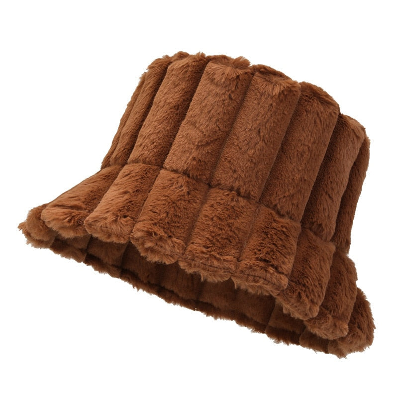 Brown plush bucket hat with quilted vertical panels and wide frilled brim