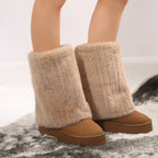 Women’s tall platform boots featuring two-layer fuzzy shafts and brown sole