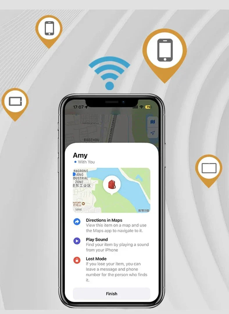 Smartphone GPS tracker screen with location map and wireless connectivity icons