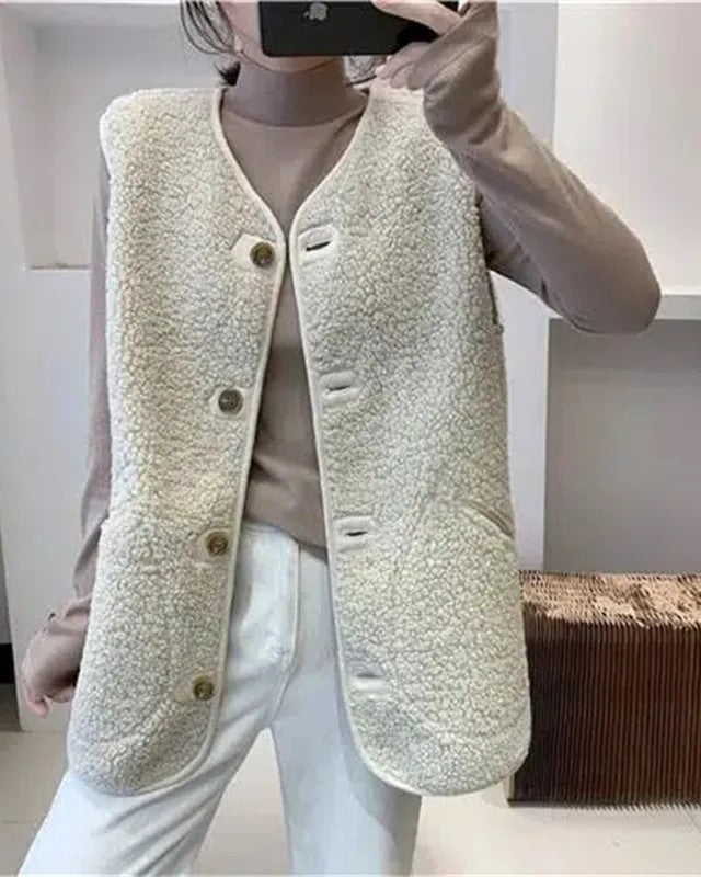 Wool gilet with button-front, cream sherpa fleece texture over white top