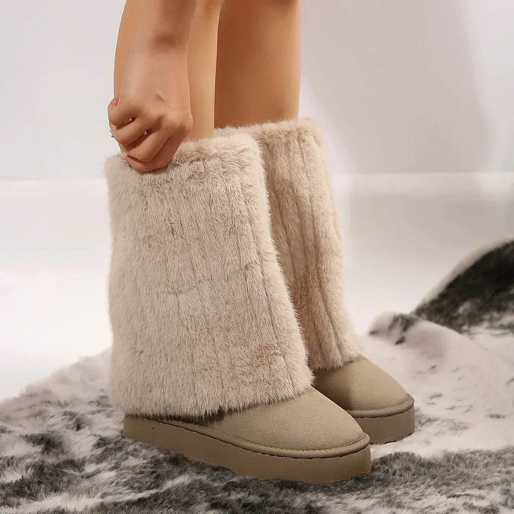 Women’s tall-shaft platform boots with faux-fur upper, beige slip-on design.