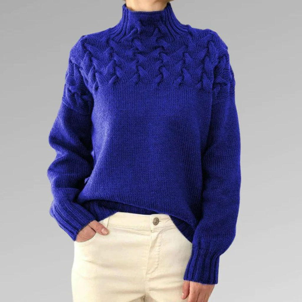 Blue women's knit turtleneck sweater with cable-knit texture, long sleeves