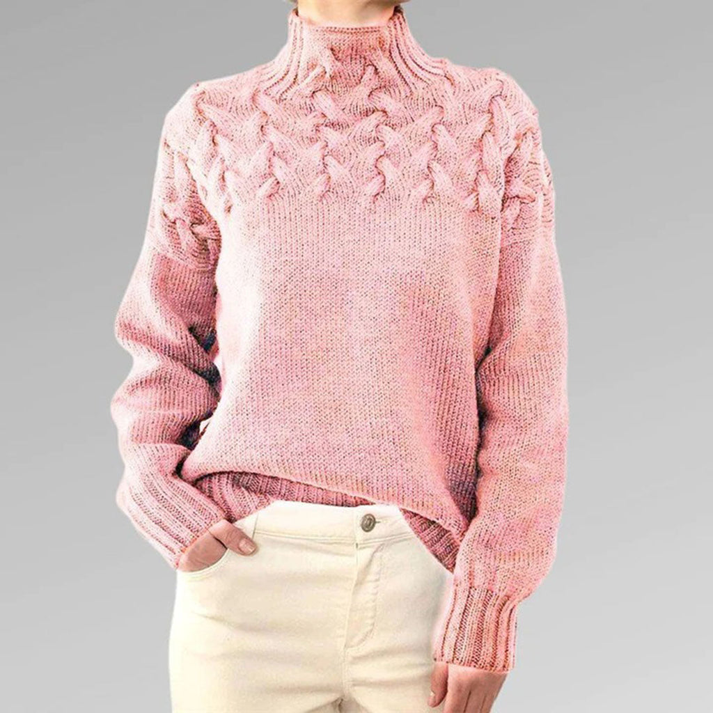 Pink women's knit turtleneck sweater with cable-knit pattern, long sleeves