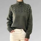 Gray women's knit turtleneck sweater with cable-knit pattern, long sleeves