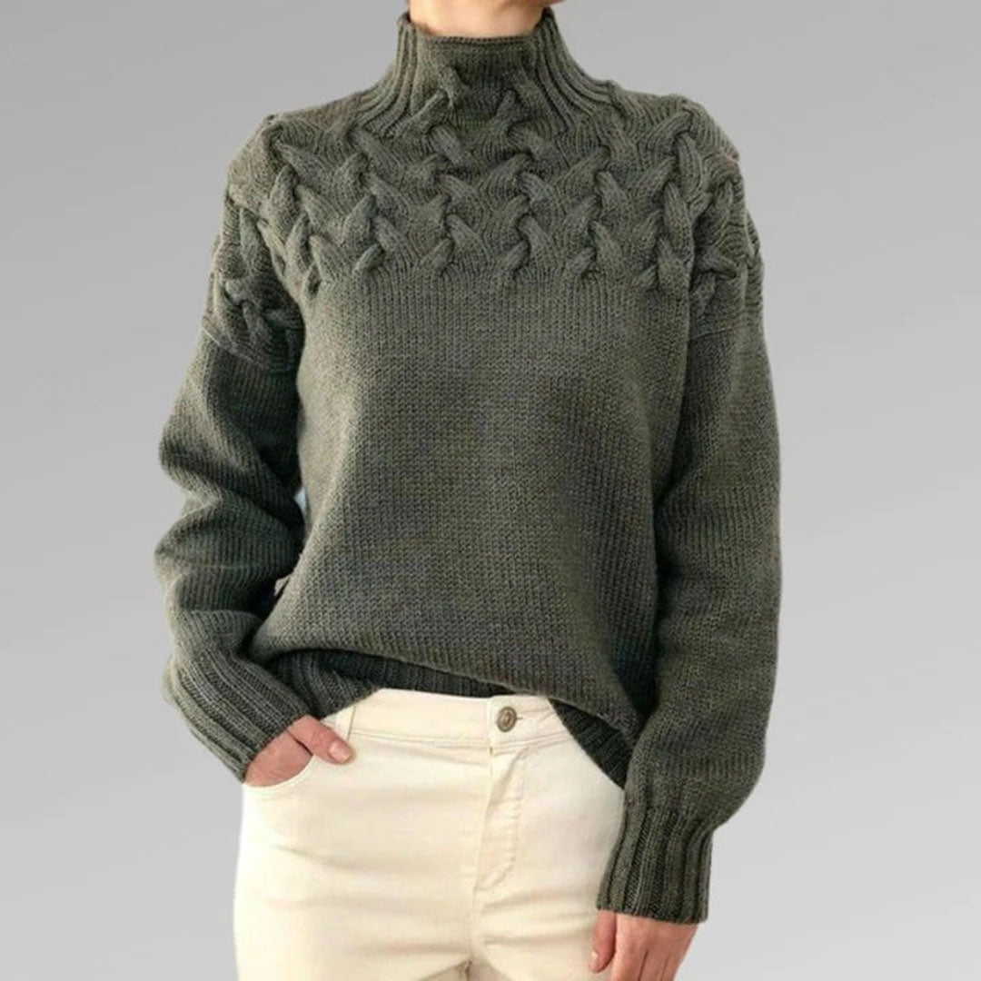 Gray women's knit turtleneck sweater with cable-knit pattern, long sleeves