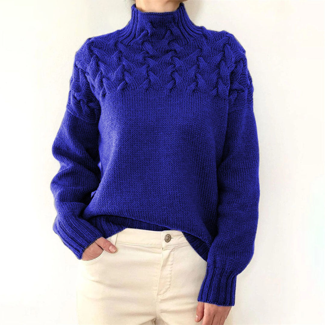 Women's knitted turtleneck sweater, blue cable knit with long sleeves