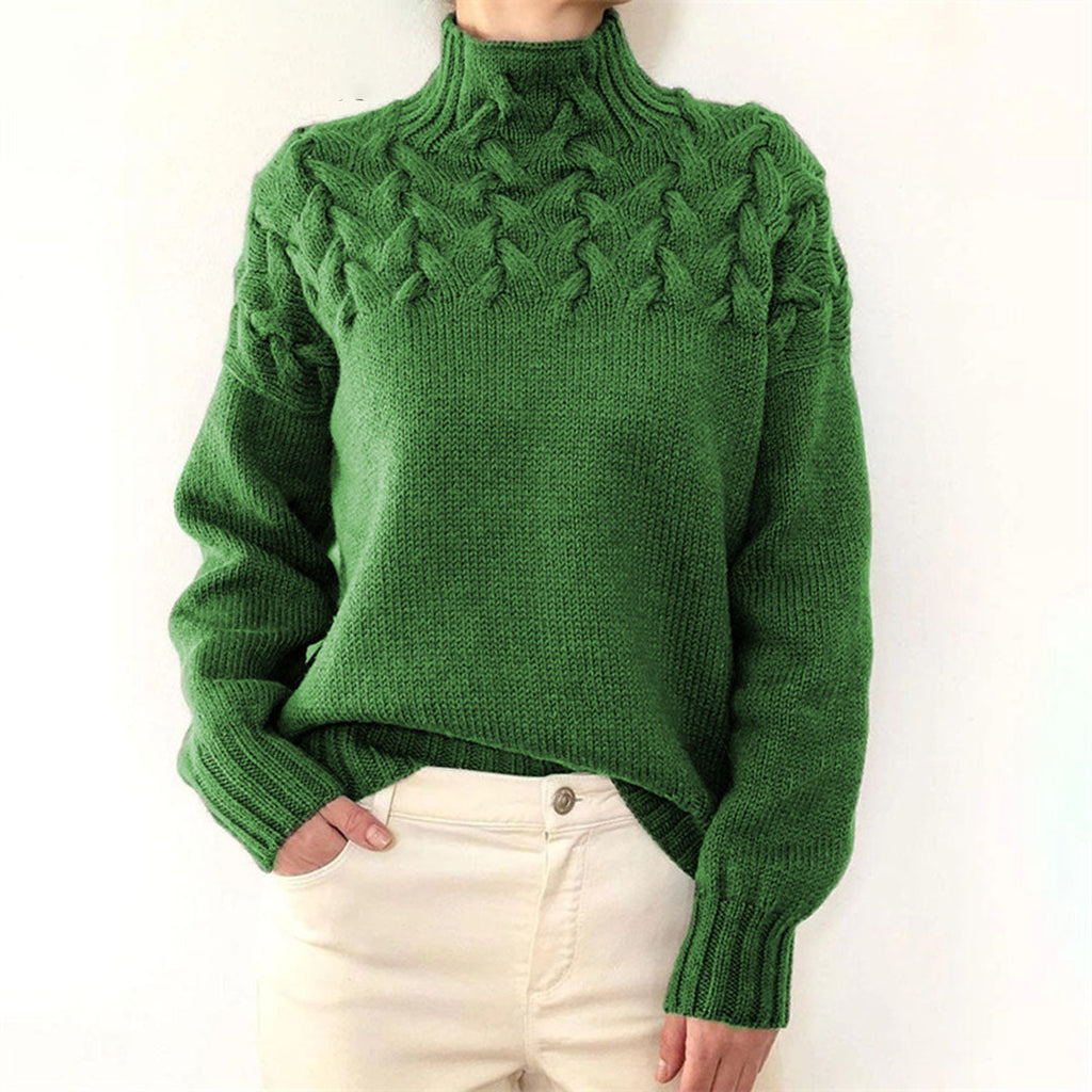 Green women's knit turtleneck sweater with raised cable-knit detail, long sleeves