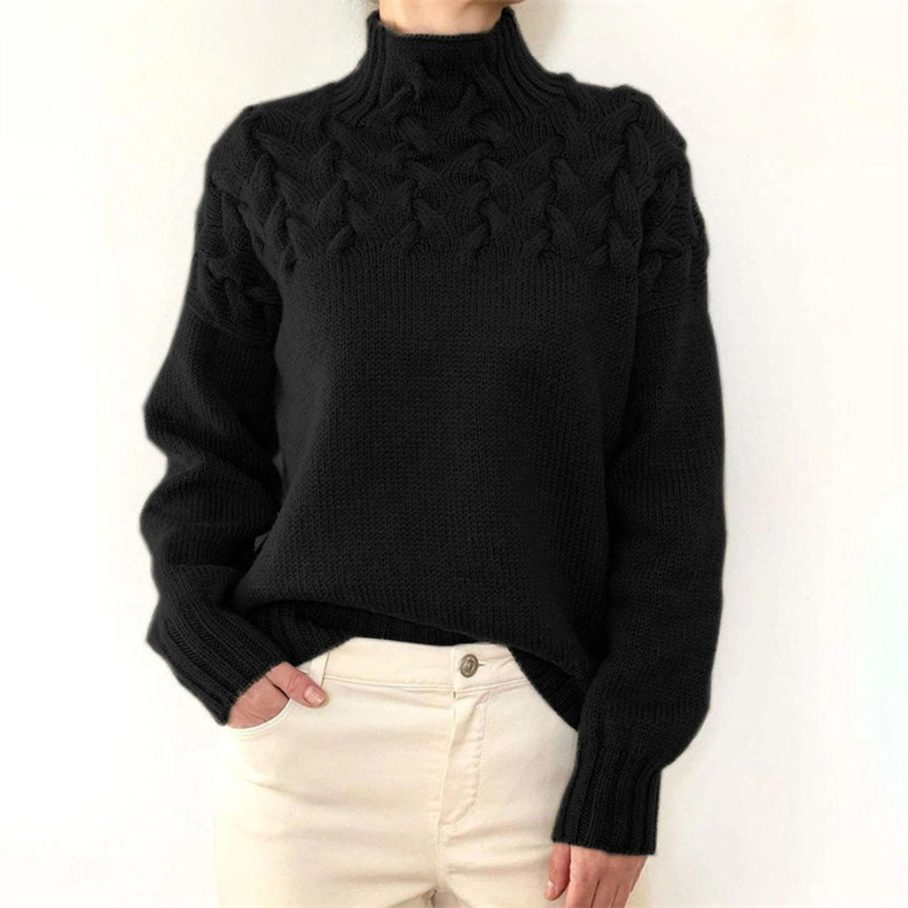 Women's knitted turtleneck sweater, black cable knit with long sleeves