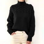 Women's knitted turtleneck sweater, black cable knit with long sleeves