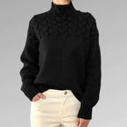 Black women's knit turtleneck sweater with cable-knit texture, long sleeves