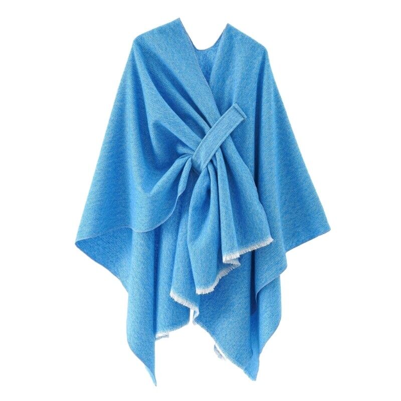 Cashmere poncho in bright blue, draped shawl with V neckline and ribbon-style tie