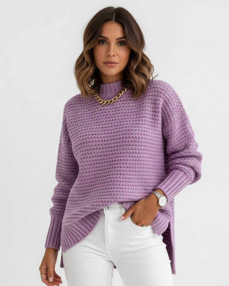 Women's high-neck oversized knit sweater, lavender knit with curved side hem