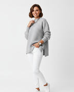Women's high-neck oversized knit sweater, soft grey chunky rib hem, loose fit