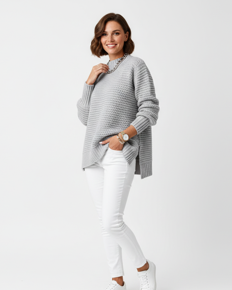 Women's high-neck oversized knit sweater, soft grey chunky rib hem, loose fit