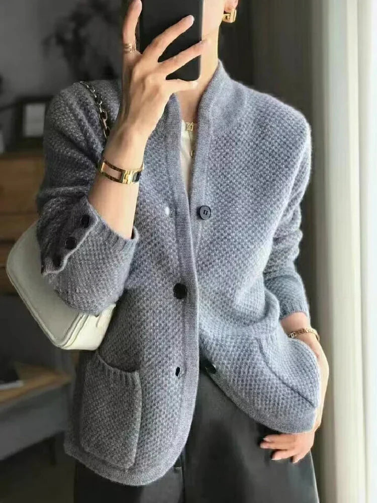 Blue-gray textured knit jacket with button front and stand collar
