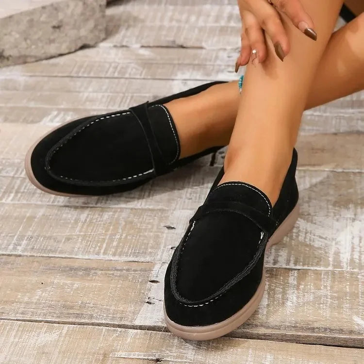 Women's suede loafers, black slip-on with cushioned insole and stitched vamp
