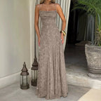 Taupe maxi evening dress with spaghetti straps, fitted bodice, lace A-line skirt