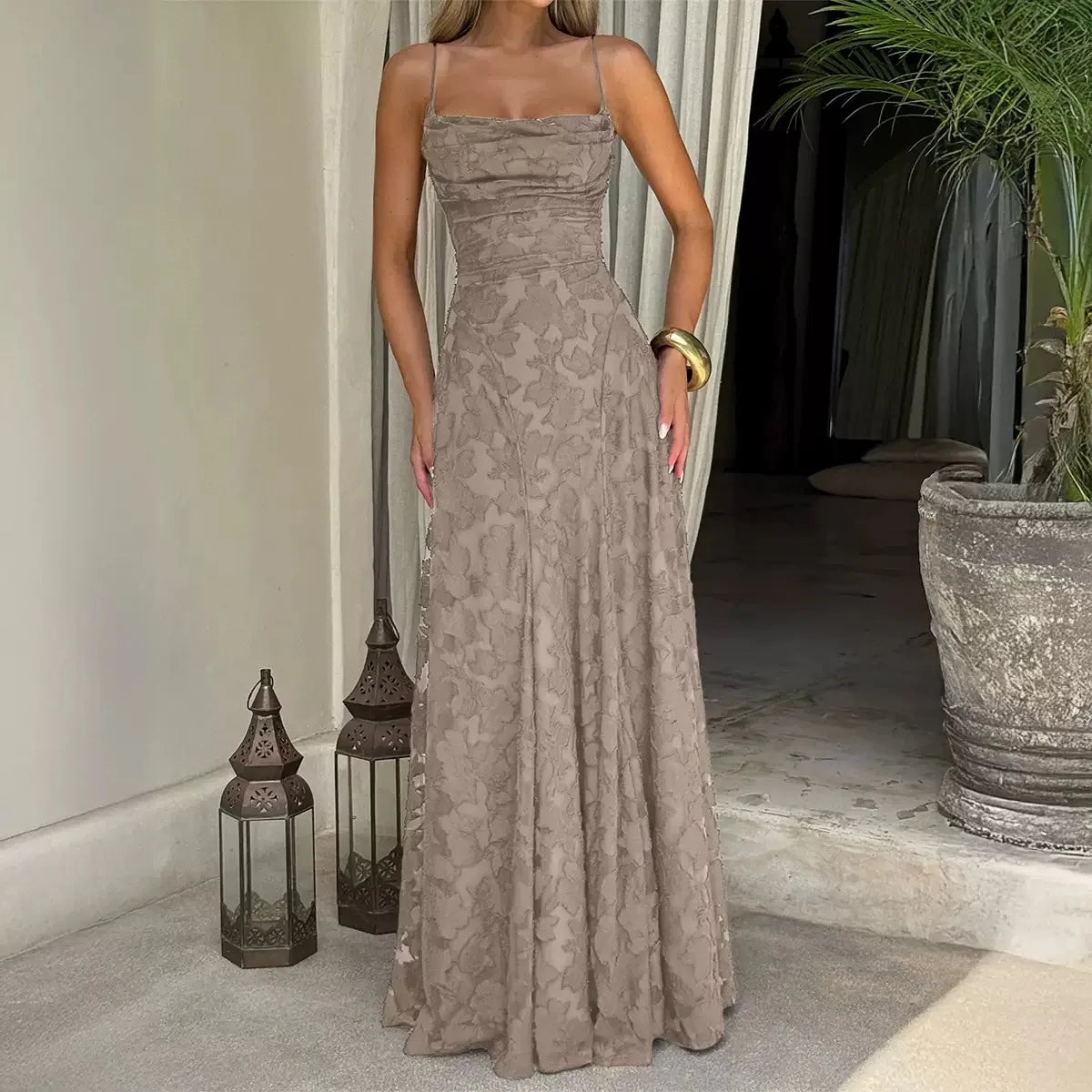 Taupe maxi evening dress with spaghetti straps, fitted bodice, lace A-line skirt