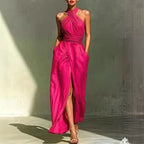 Asterin halter maxi dress, rose red halter with gathered bodice and high slit maxi skirt